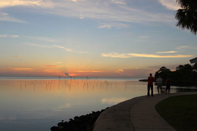 Rear view of silhouette people standing at beach during sunset