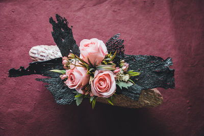 High angle view of rose bouquet on table