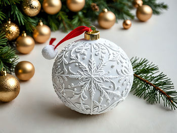 Close-up of christmas decorations on table
