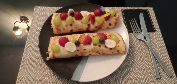 High angle view of dessert in plate on table