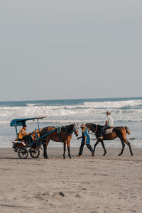 People riding horse on beach