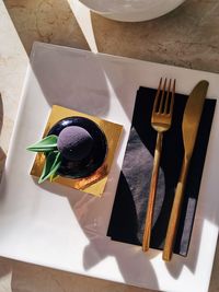 High angle view of dessert in plate on table