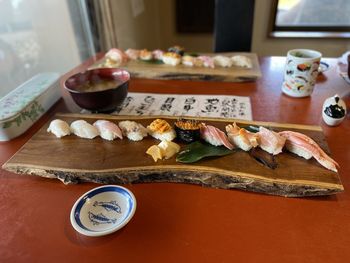 High angle view of breakfast on table