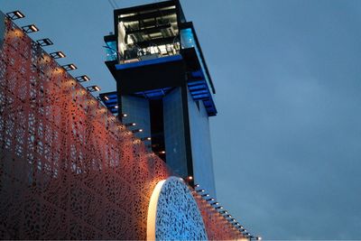 Low angle view of clock tower against sky