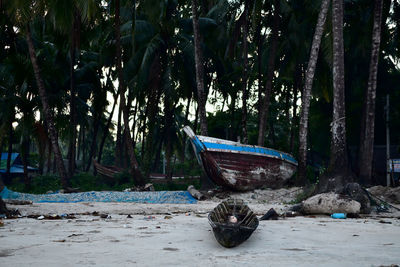 Abandoned boat moored on shore at forest