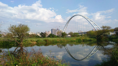 Reflection of trees in lake against cloudy sky