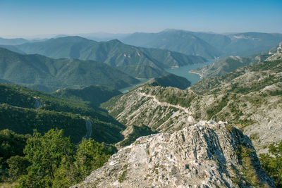 High angle view of mountains against clear sky