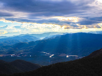 Aerial view of mountain range against sky