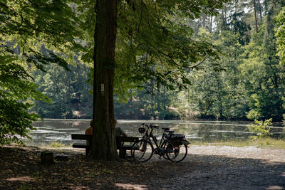 Bicycle parked by calm lake against trees