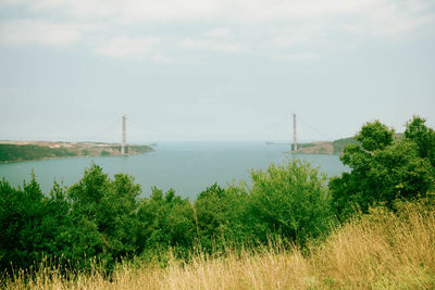 Suspension bridge over river