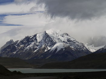 Scenic view of snowcapped mountains against sky, torres del paine mountains, patagonia, chile 