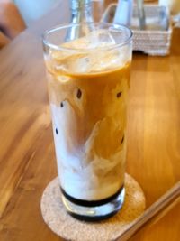 Close-up of beer in glass on table