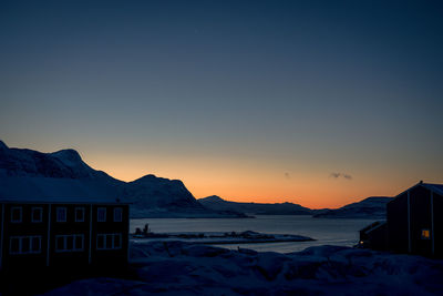 Scenic view of snowcapped mountains against sky during sunset