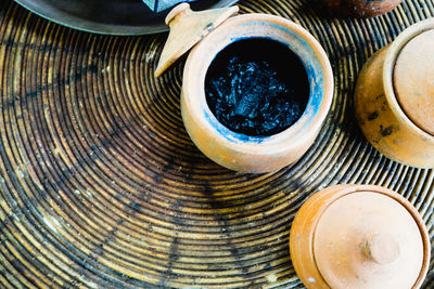 High angle view of food in clay container on table