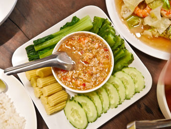 High angle view of meal served on table
