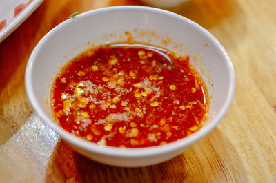 High angle view of soup in bowl on table