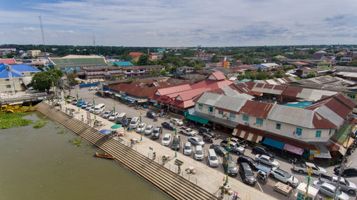 High angle view of cityscape against sky