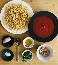 High angle view of breakfast on table