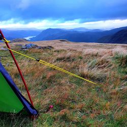 Scenic view of mountains from tent