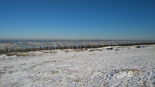 Panoramic shot of sea against clear blue sky