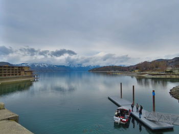 High angle view of lake chelan against sky