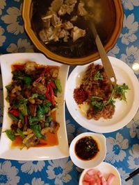 High angle view of food served on table