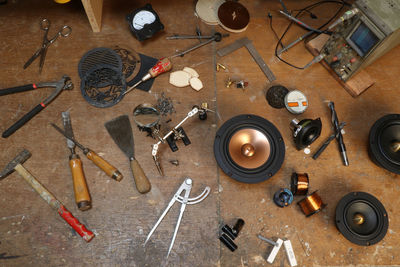 High angle view of machinery on table