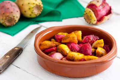 High angle view of fruits in bowl on table