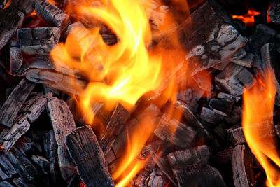 Firewood burning with bright fire close-up