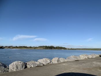 Scenic view of sea against blue sky