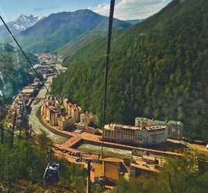 High angle view of ski lift over mountains