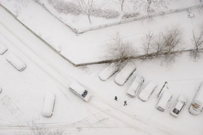 High angle view of snow on wall