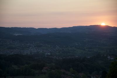 High angle view of landscape against sky during sunset