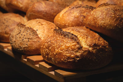 Sourdough bread close-up. freshly baked round bread with golden crust on bakery shelves. the context