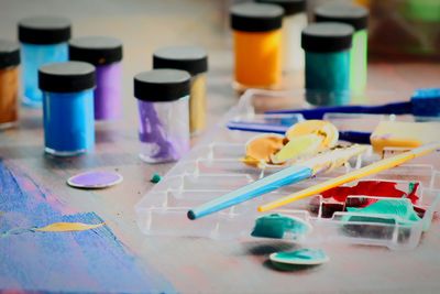 High angle view of objects on table