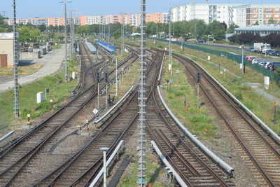 High angle view of railroad tracks in city