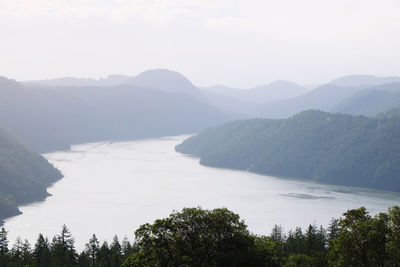 Scenic view of lake and mountains against sky