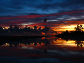 Reflection of sky on calm lake during sunset