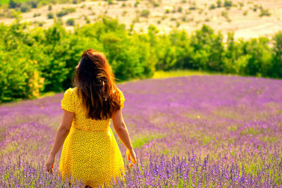 Rear view of woman with yellow flowers on field