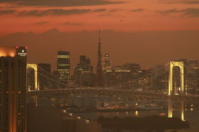 Illuminated cityscape against sky during sunset