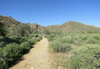 Scenic view of landscape with hiking trail against clear blue sky