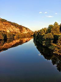 Scenic view of lake by trees against sky