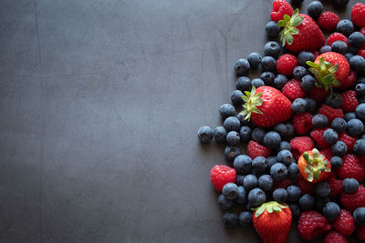 High angle view of blueberries, raspberries and strawberries on table