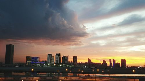 City skyline at sunset