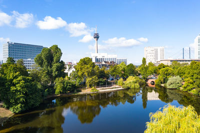 Rheinturm tower in düsseldorf from a bird's eye view, drone photography