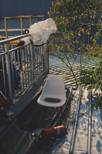 High angle view of chair in balcony
