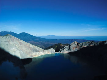 Scenic view of lake and mountains against blue sky