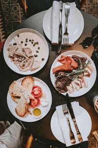 High angle view of meal served on table