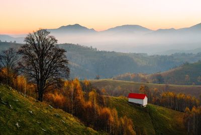 Scenic view of hill with birch trees and house against mountain and sunrise sky during autumn