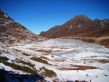 Scenic view of snowcapped mountains against clear blue sky